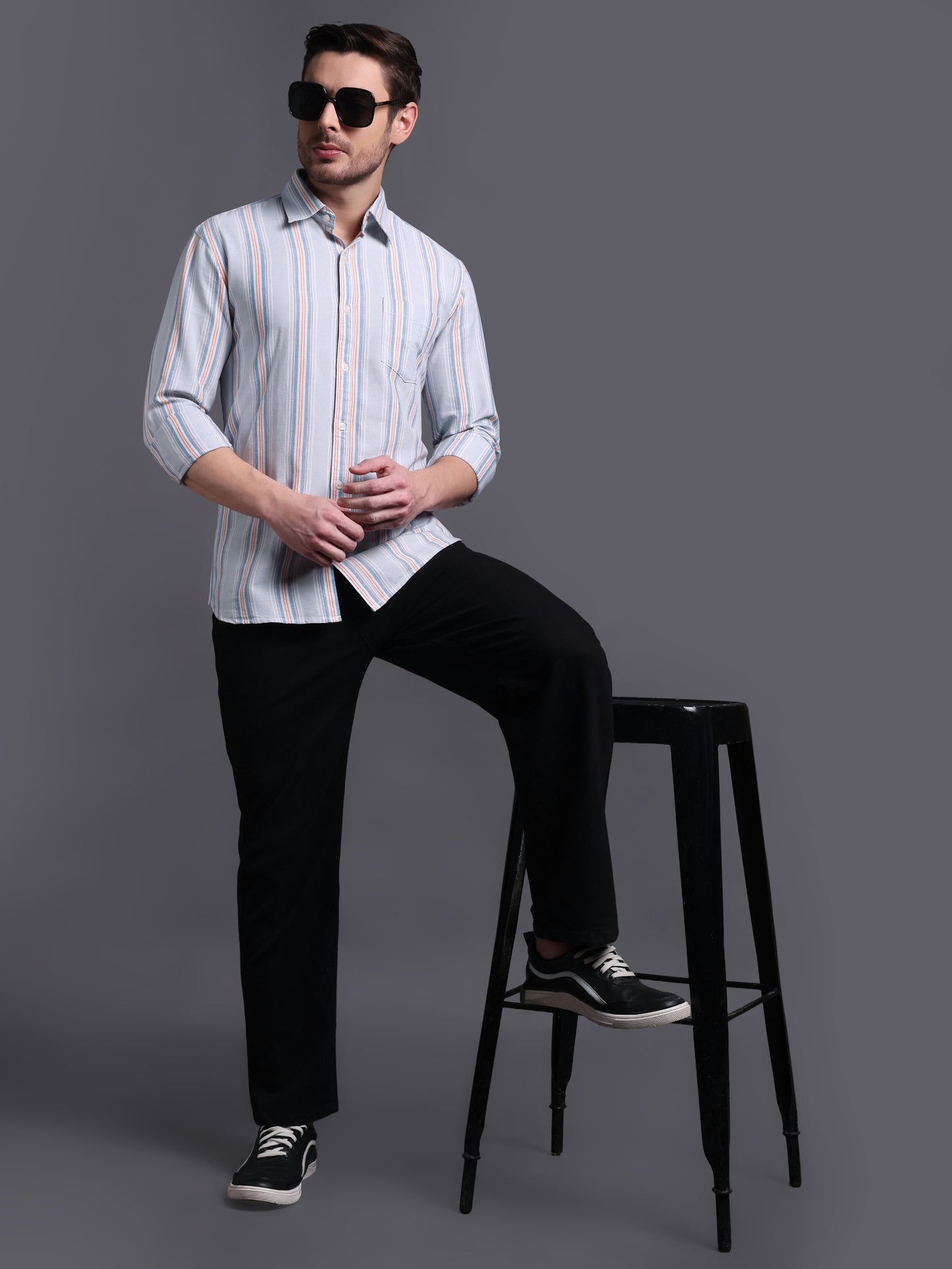 Light Blue Grey stripe Oxford Cotton Shirt
