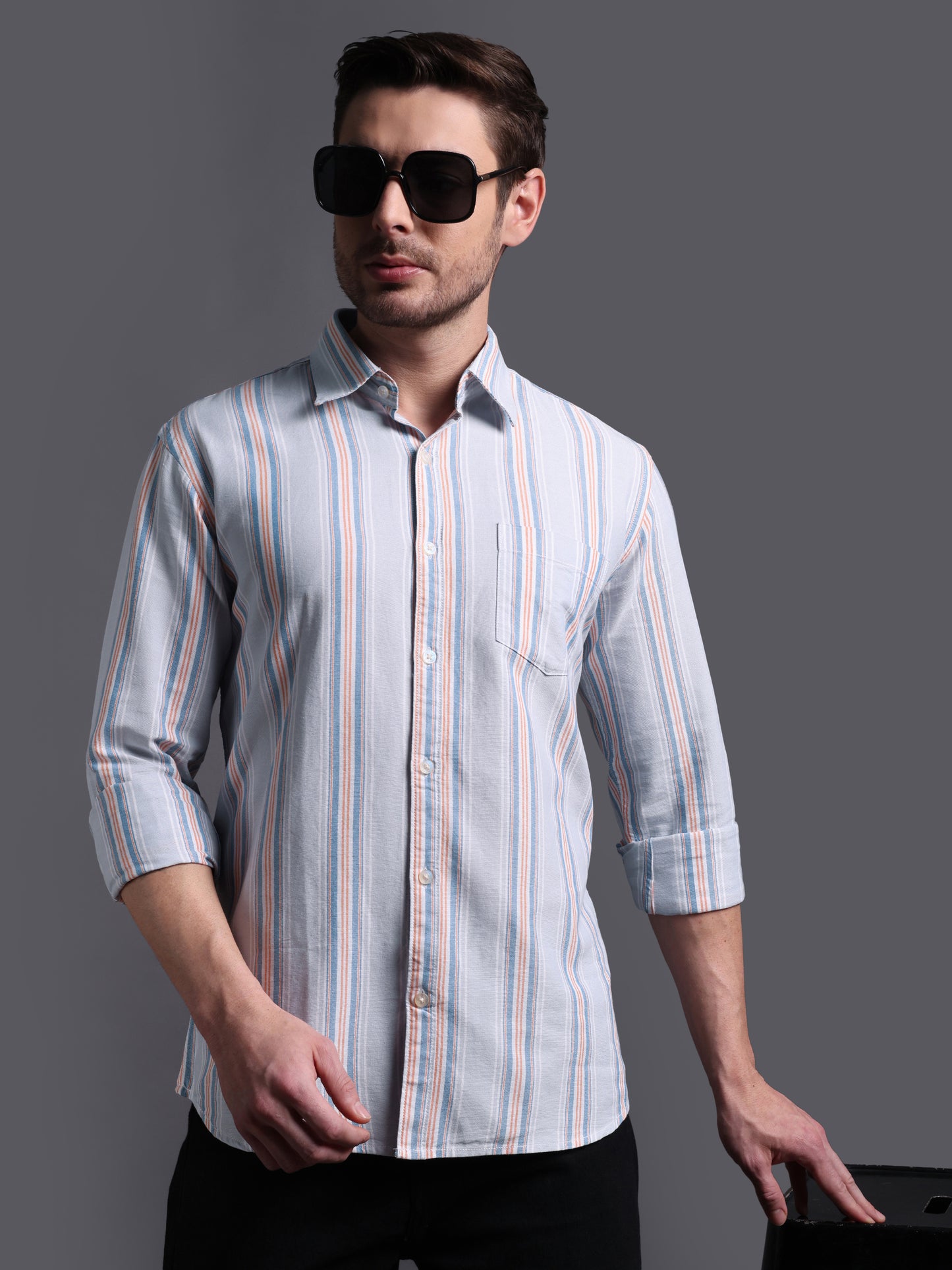 Light Blue Grey stripe Oxford Cotton Shirt