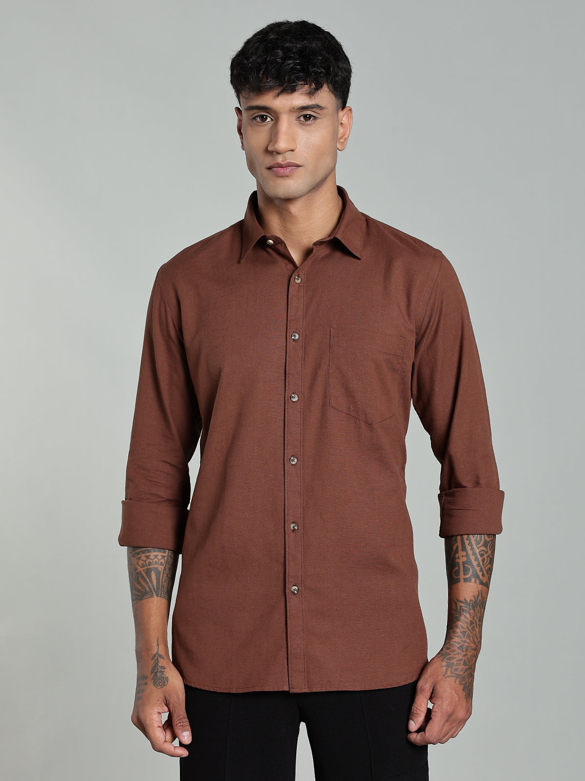 COLTIN Linen Blend Plain Brown Shirt