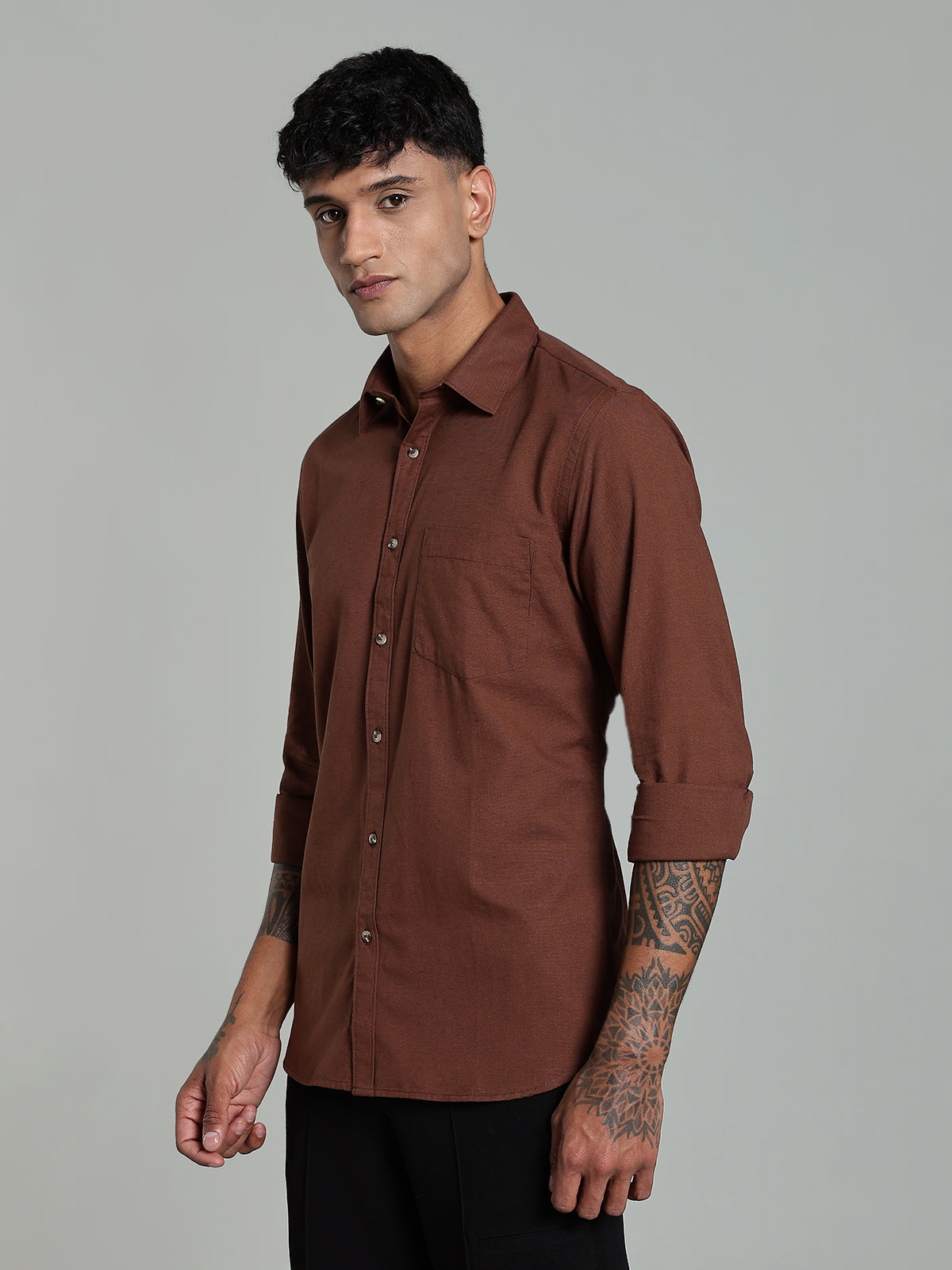 COLTIN Linen Blend Plain Brown Shirt