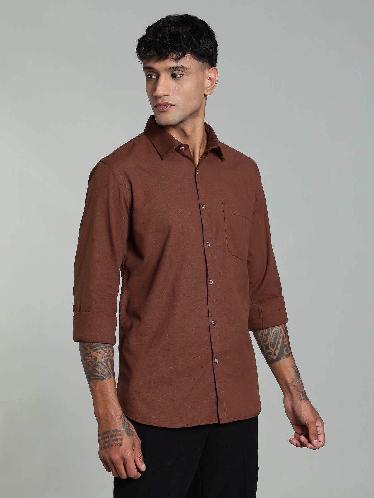 COLTIN Linen Blend Plain Brown Shirt