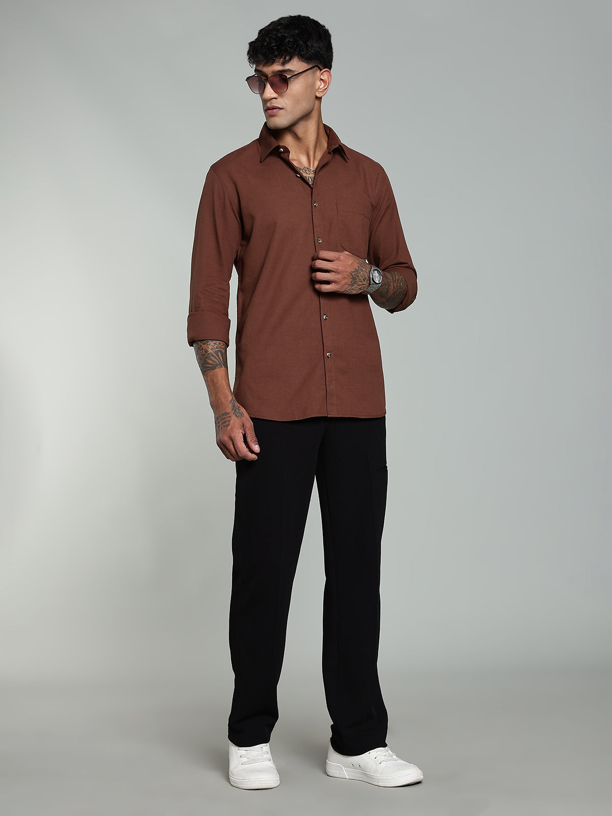 COLTIN Linen Blend Plain Brown Shirt