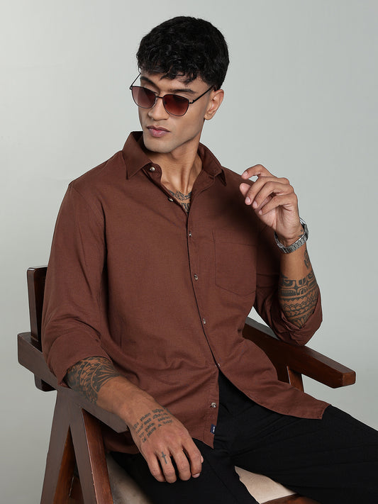 COLTIN Linen Blend Plain Brown Shirt
