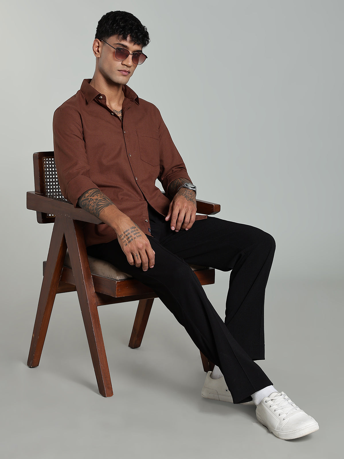 COLTIN Linen Blend Plain Brown Shirt