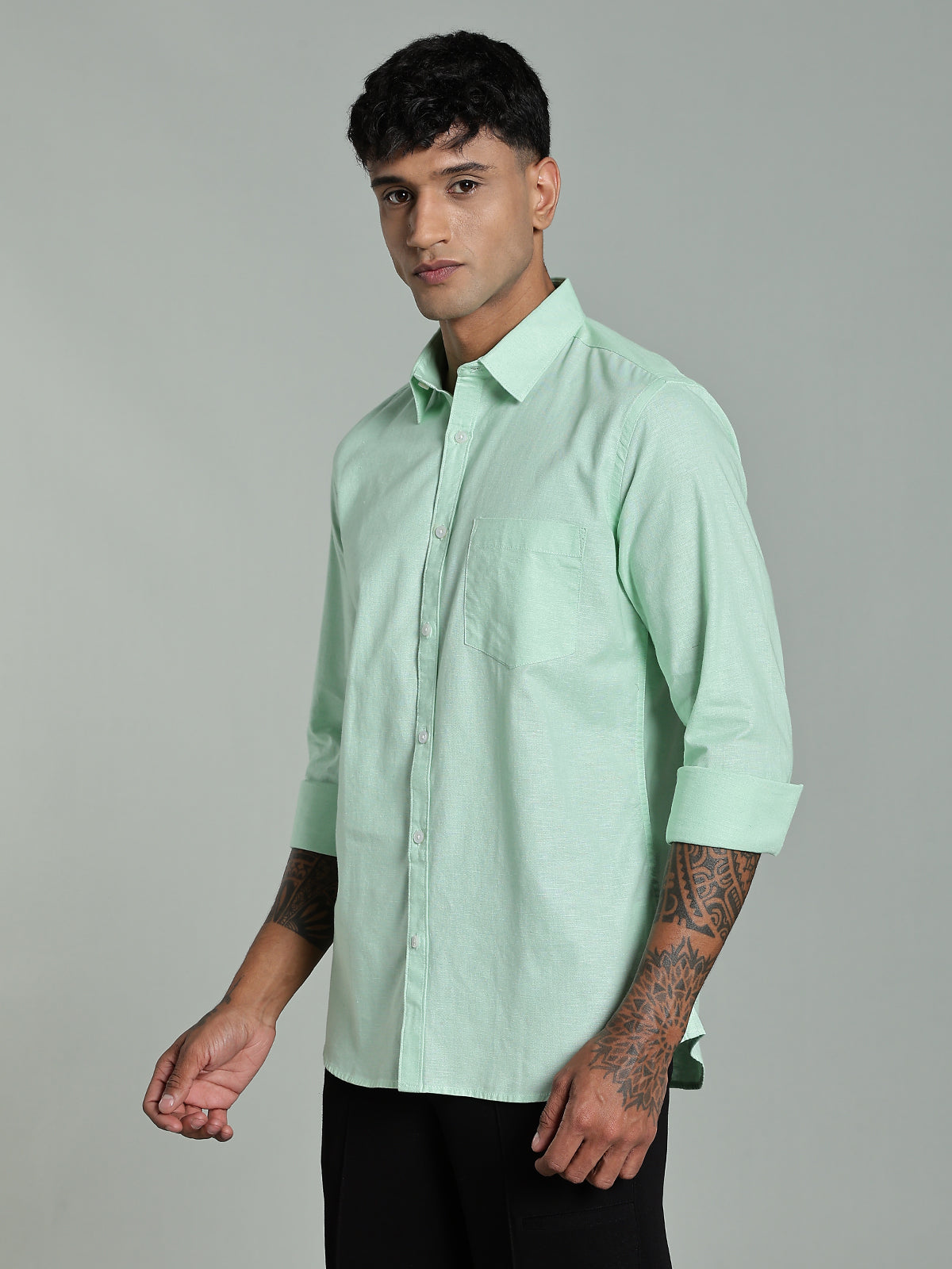 COLTIN Linen Blend Plain Parrot Green Shirt