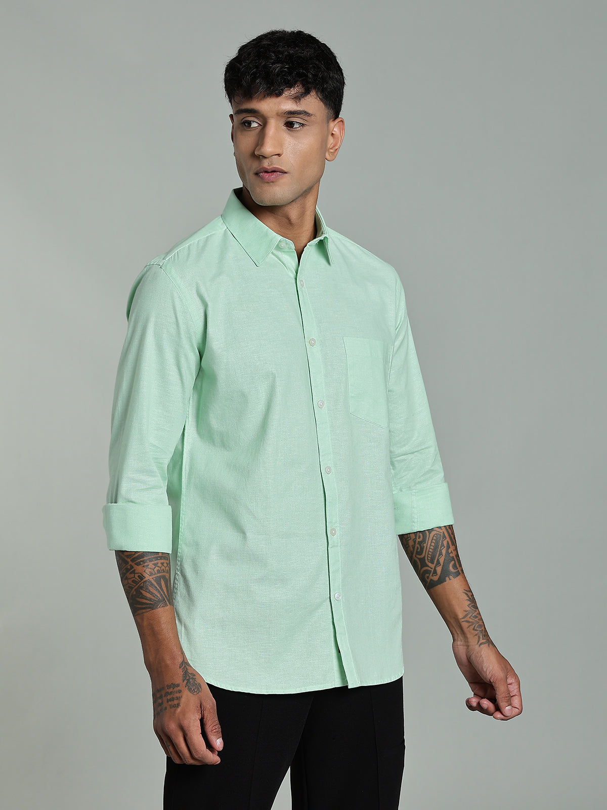 COLTIN Linen Blend Plain Parrot Green Shirt