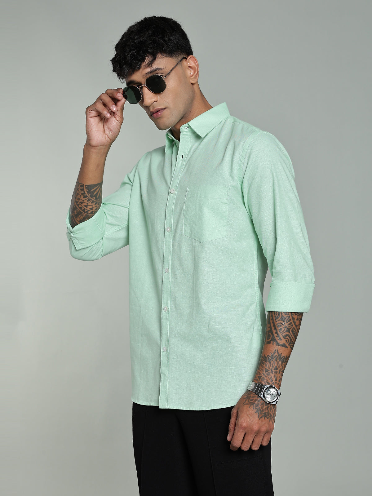 COLTIN Linen Blend Plain Parrot Green Shirt