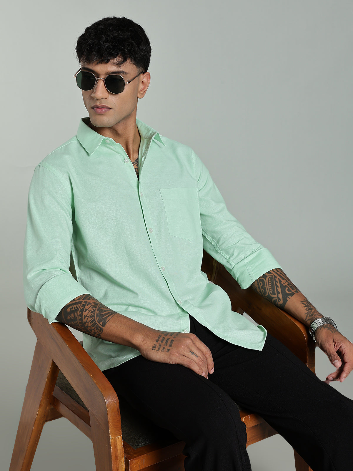 COLTIN Linen Blend Plain Parrot Green Shirt