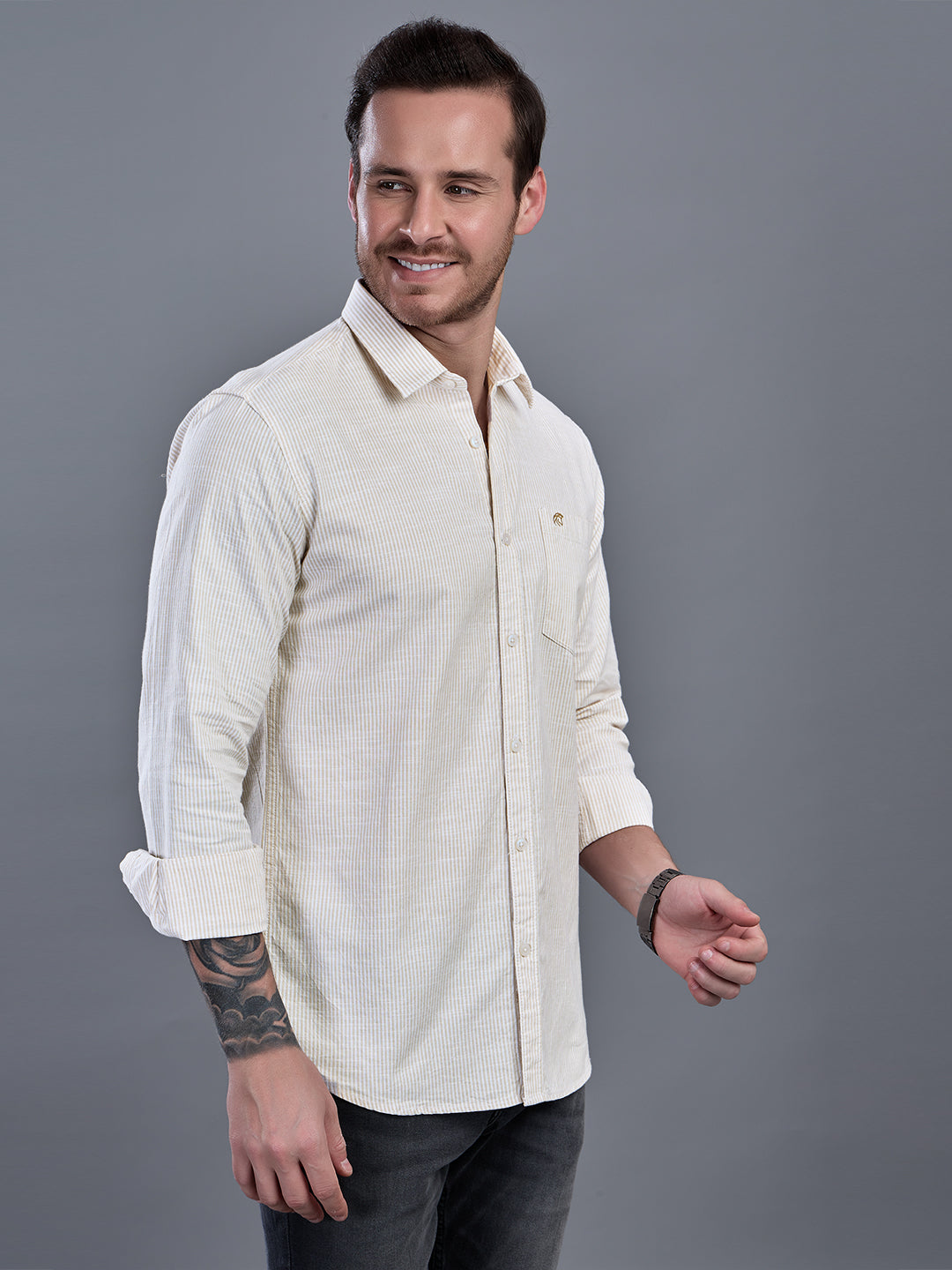 CALVIN Light Brown stripe Oxford Cotton Shirt