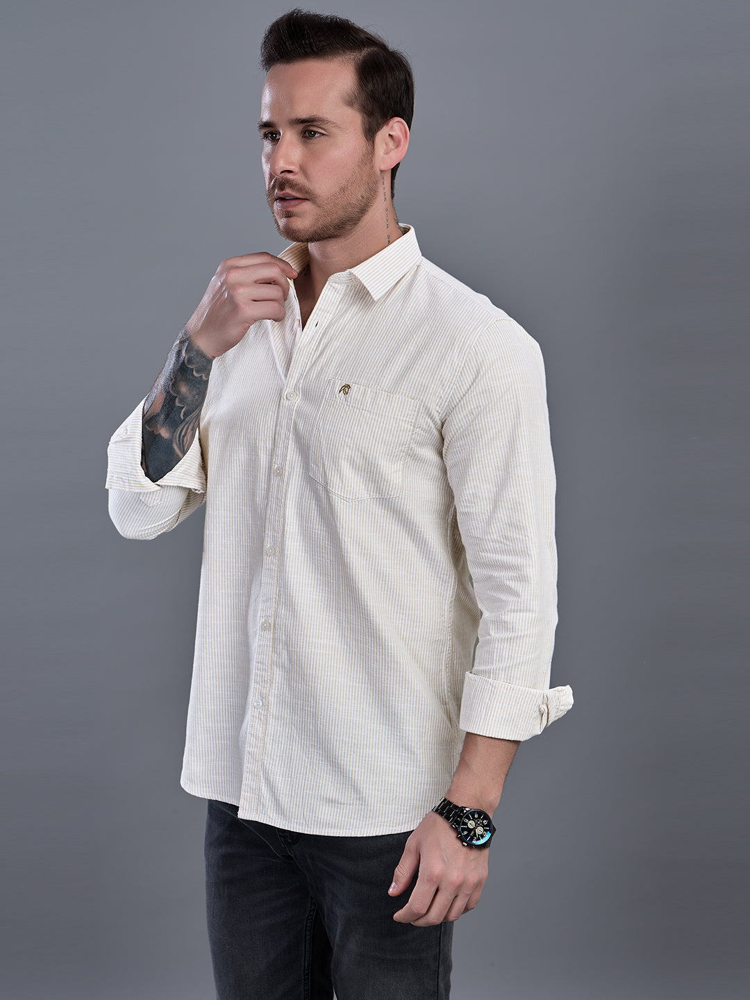 CALVIN Light Brown stripe Oxford Cotton Shirt