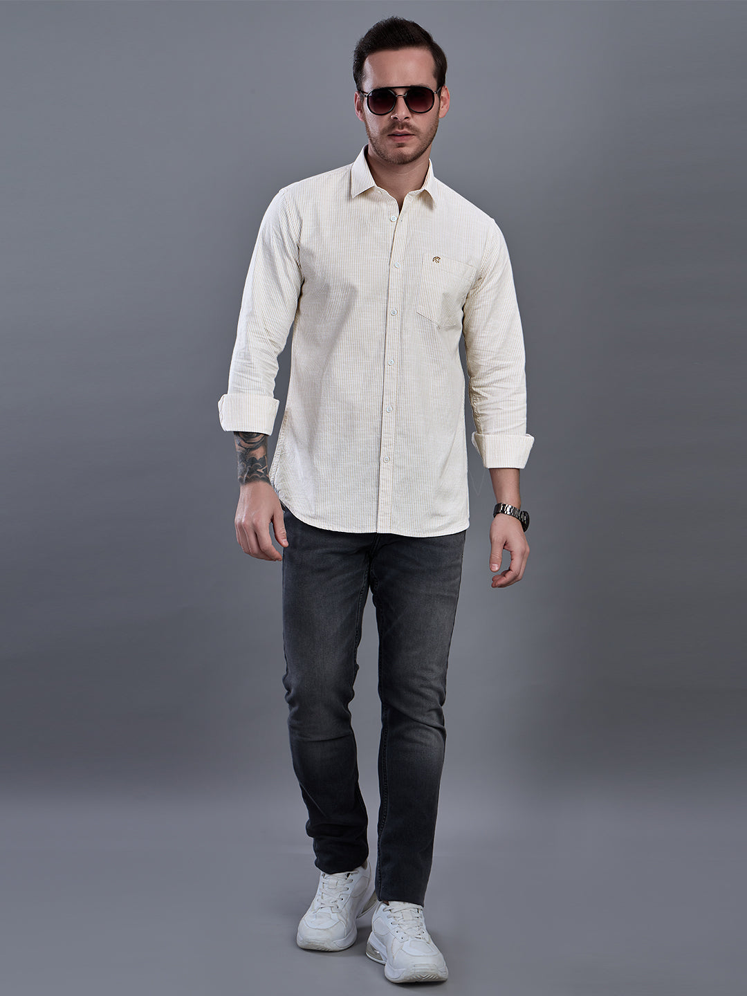 CALVIN Light Brown stripe Oxford Cotton Shirt