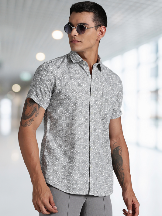 Dobby Cotton Half Sleeve Print Shirt