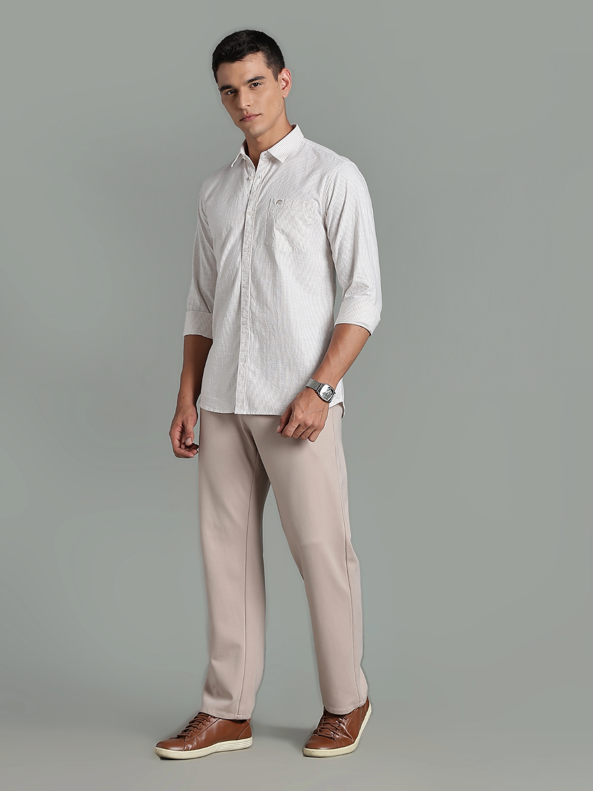 CALVIN Light Brown stripe Oxford Cotton Shirt
