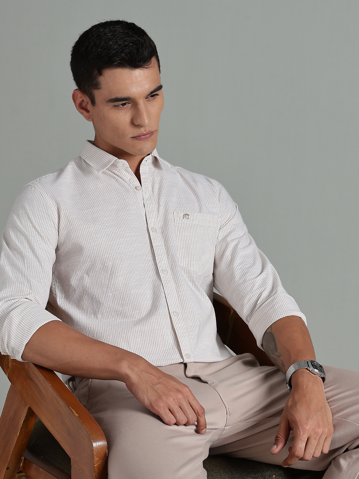 CALVIN Light Brown stripe Oxford Cotton Shirt