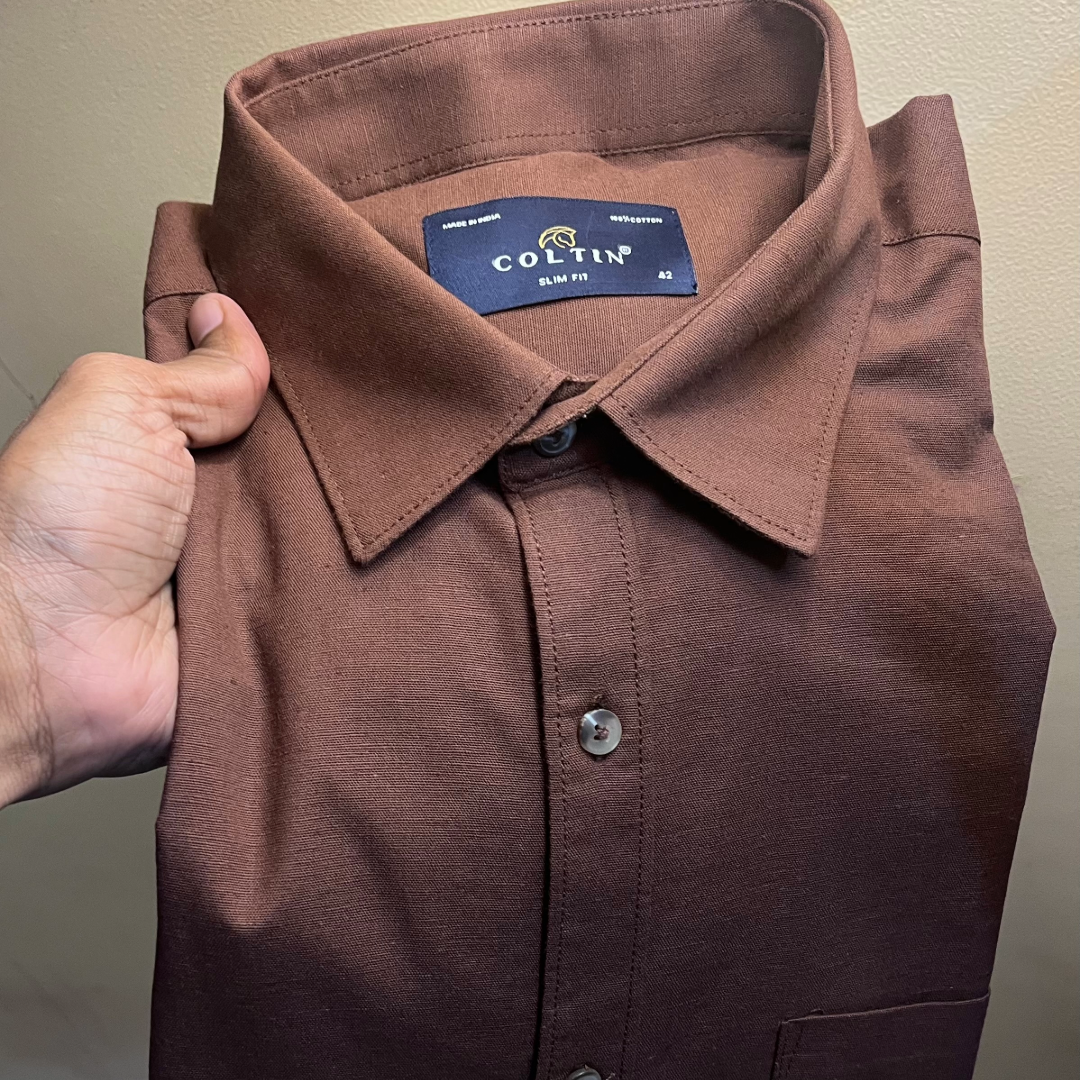 COLTIN Linen Blend Plain Brown Shirt