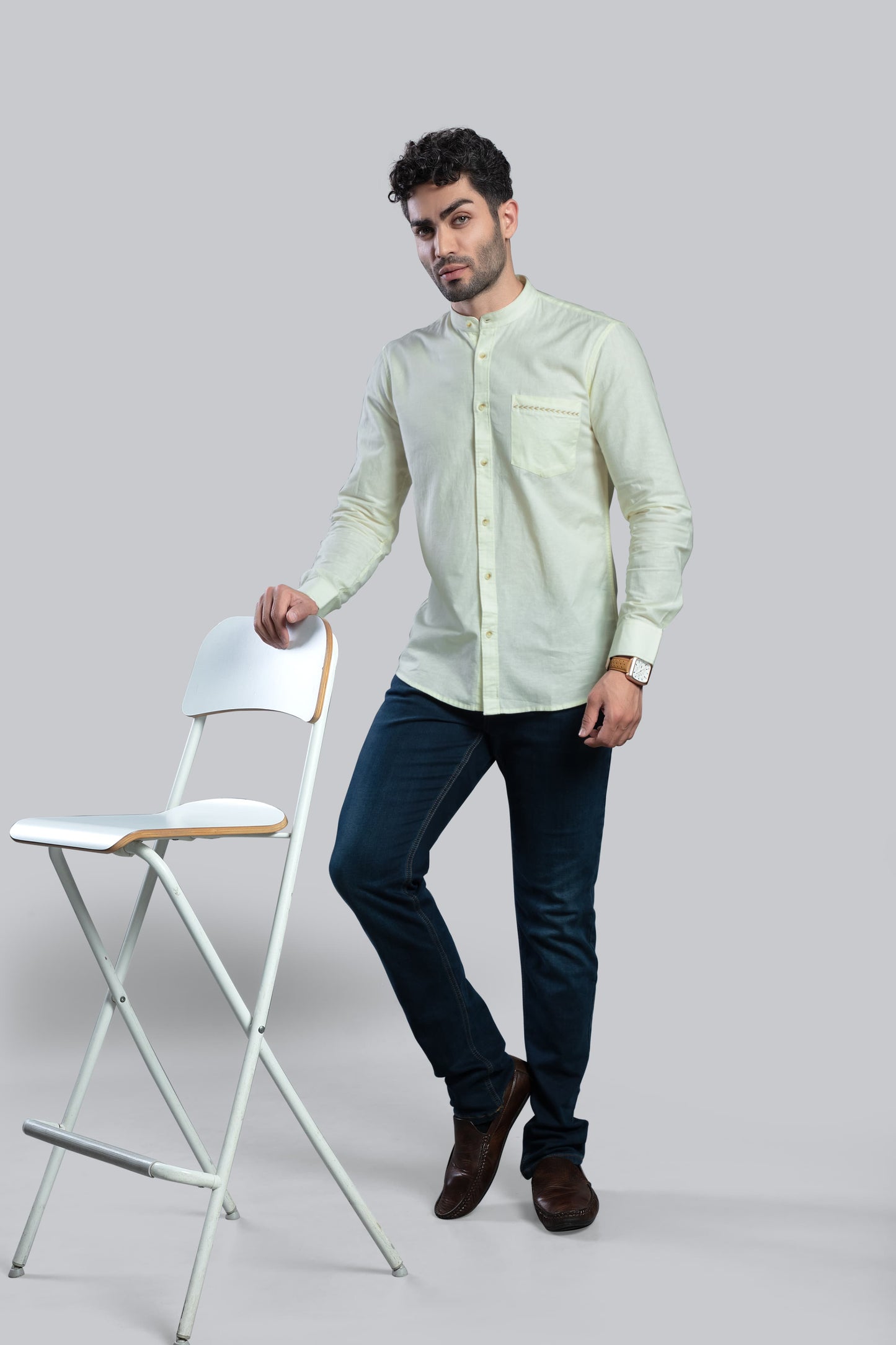 COLTIN Linen Blend Lime Embroidery Pocket Shirt