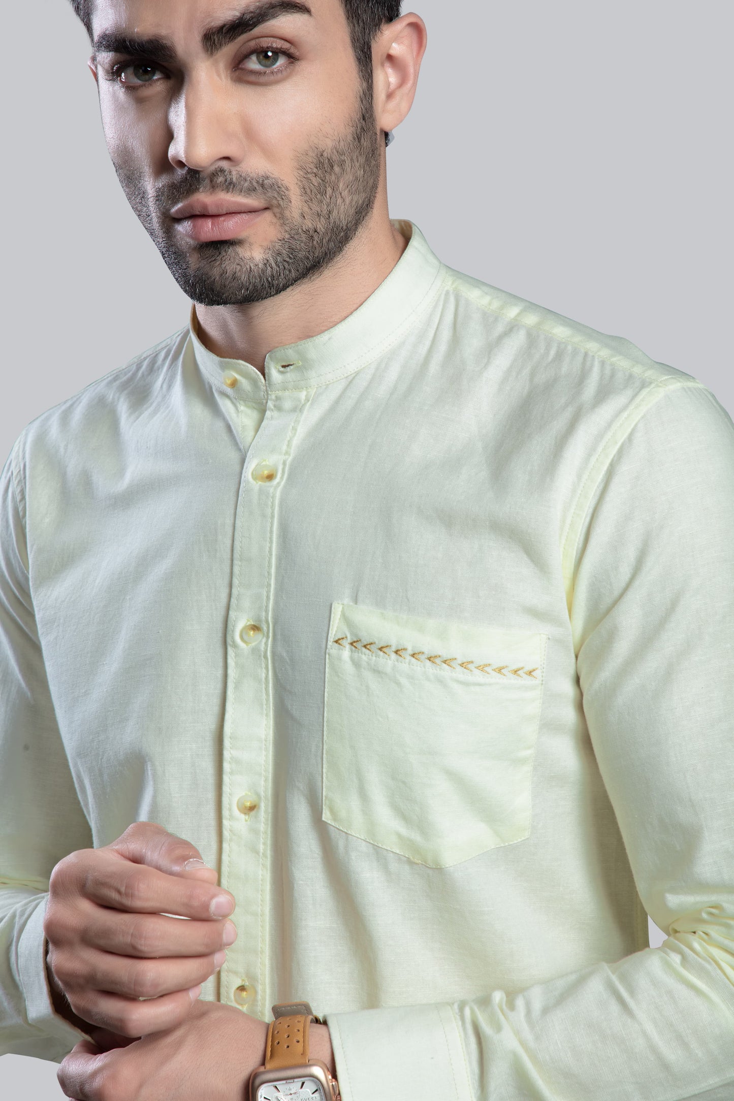 COLTIN Linen Blend Lime Embroidery Pocket Shirt
