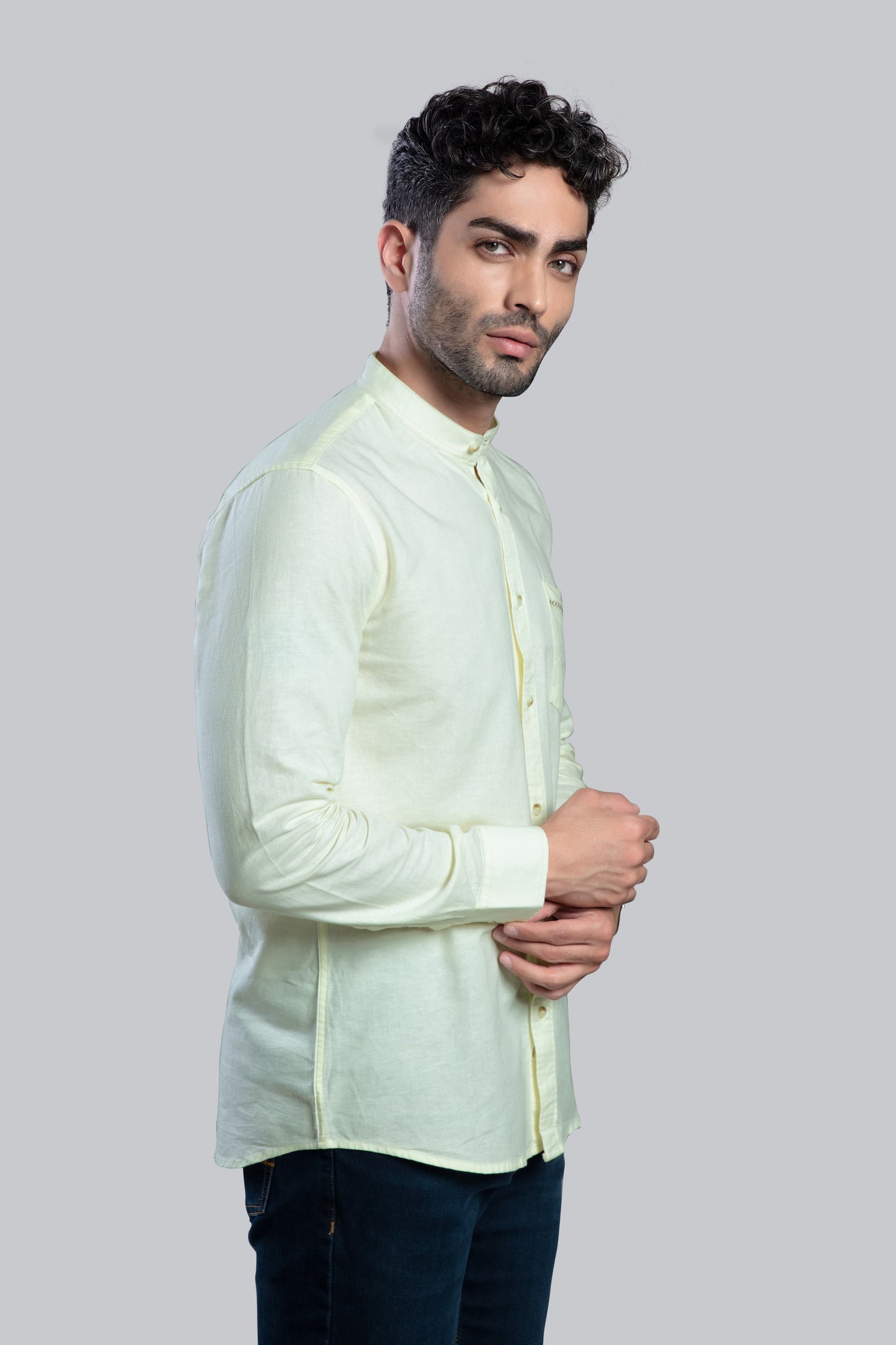 COLTIN Linen Blend Lime Embroidery Pocket Shirt