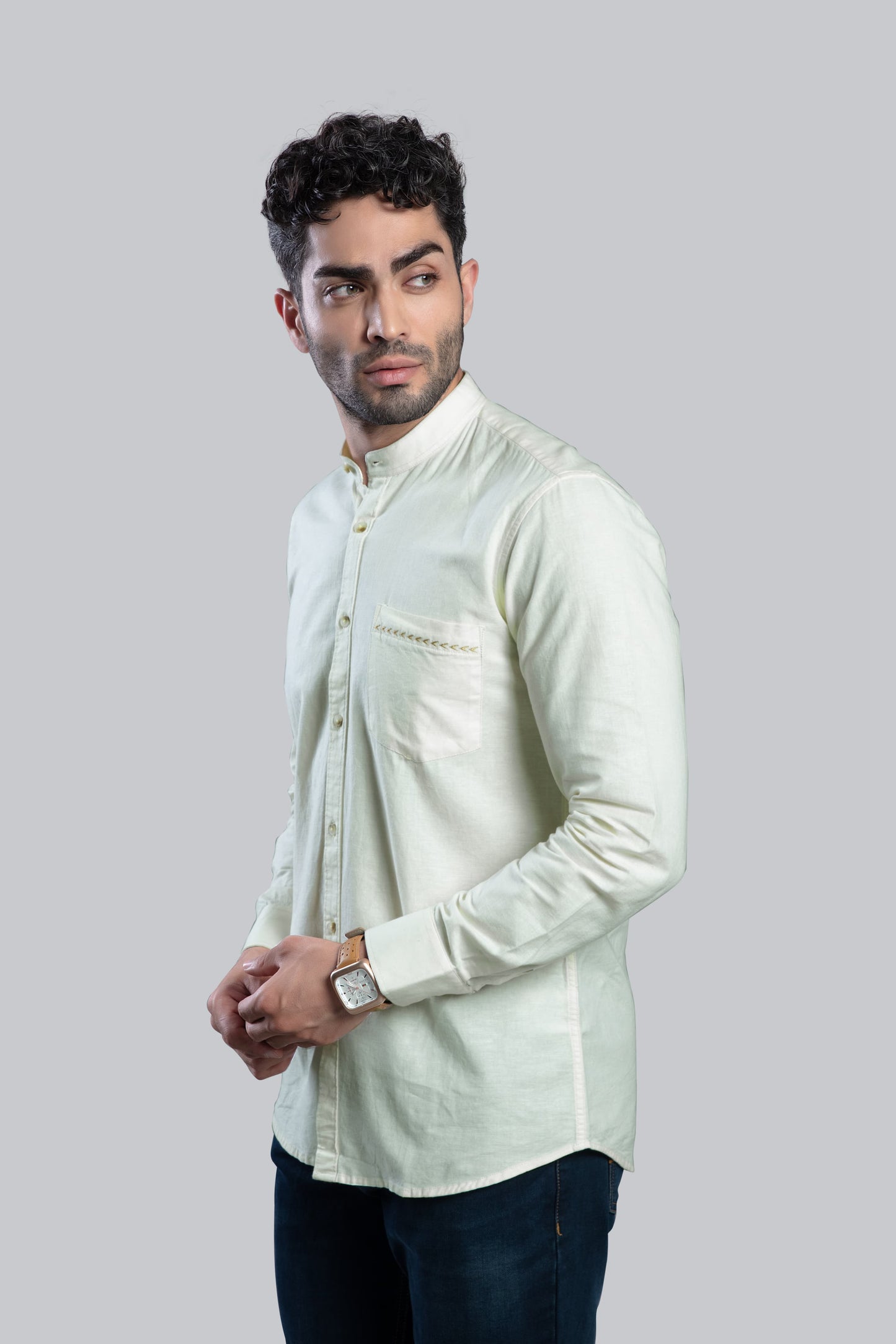COLTIN Linen Blend Lime Embroidery Pocket Shirt