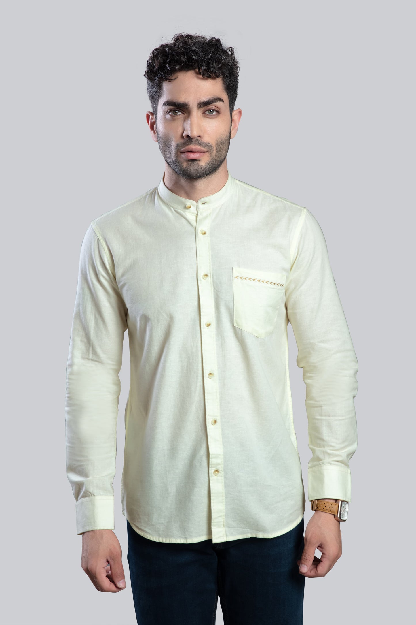 COLTIN Linen Blend Lime Embroidery Pocket Shirt