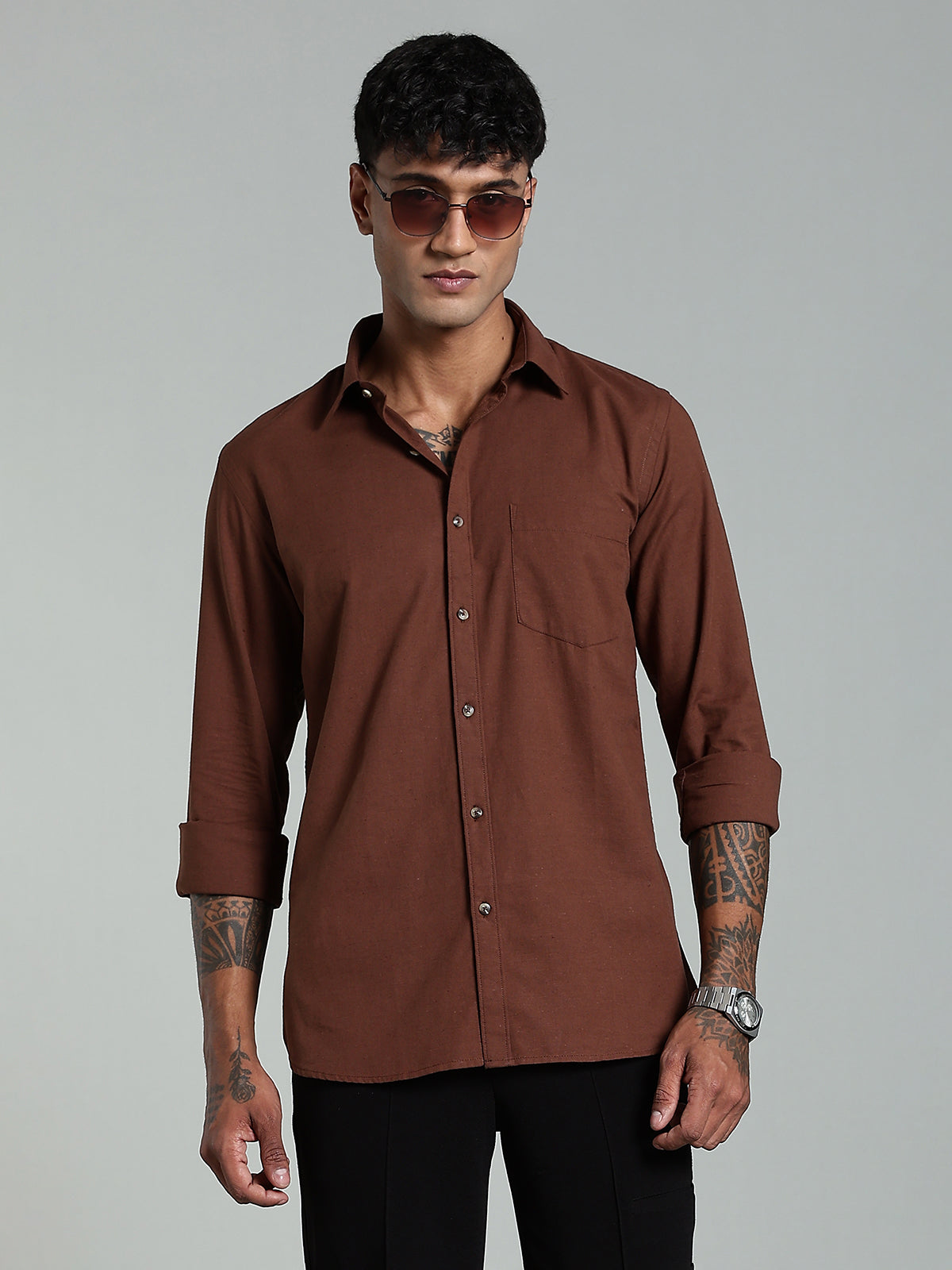 COLTIN Linen Blend Plain Brown Shirt