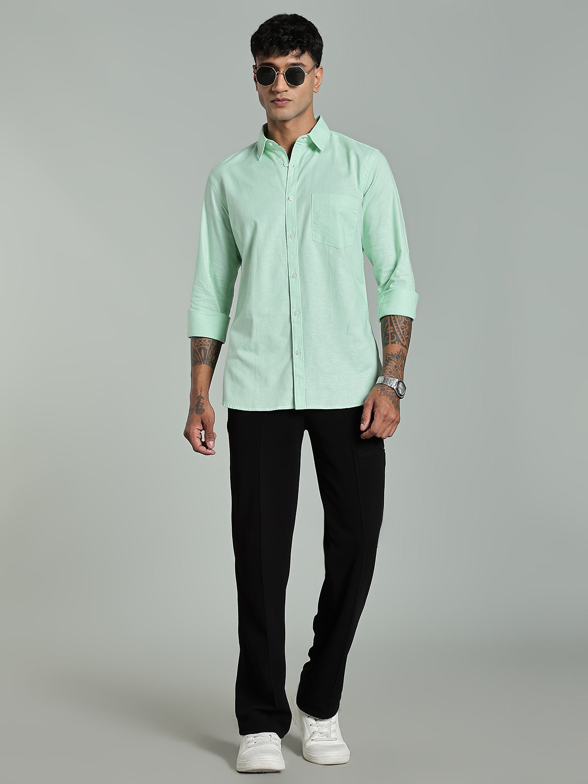COLTIN Linen Blend Plain Parrot Green Shirt