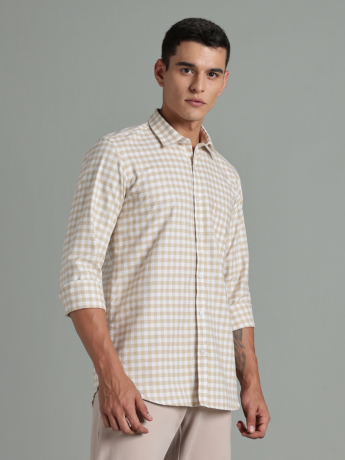 PIRATE Light Brown Checks Oxford Cotton Shirt
