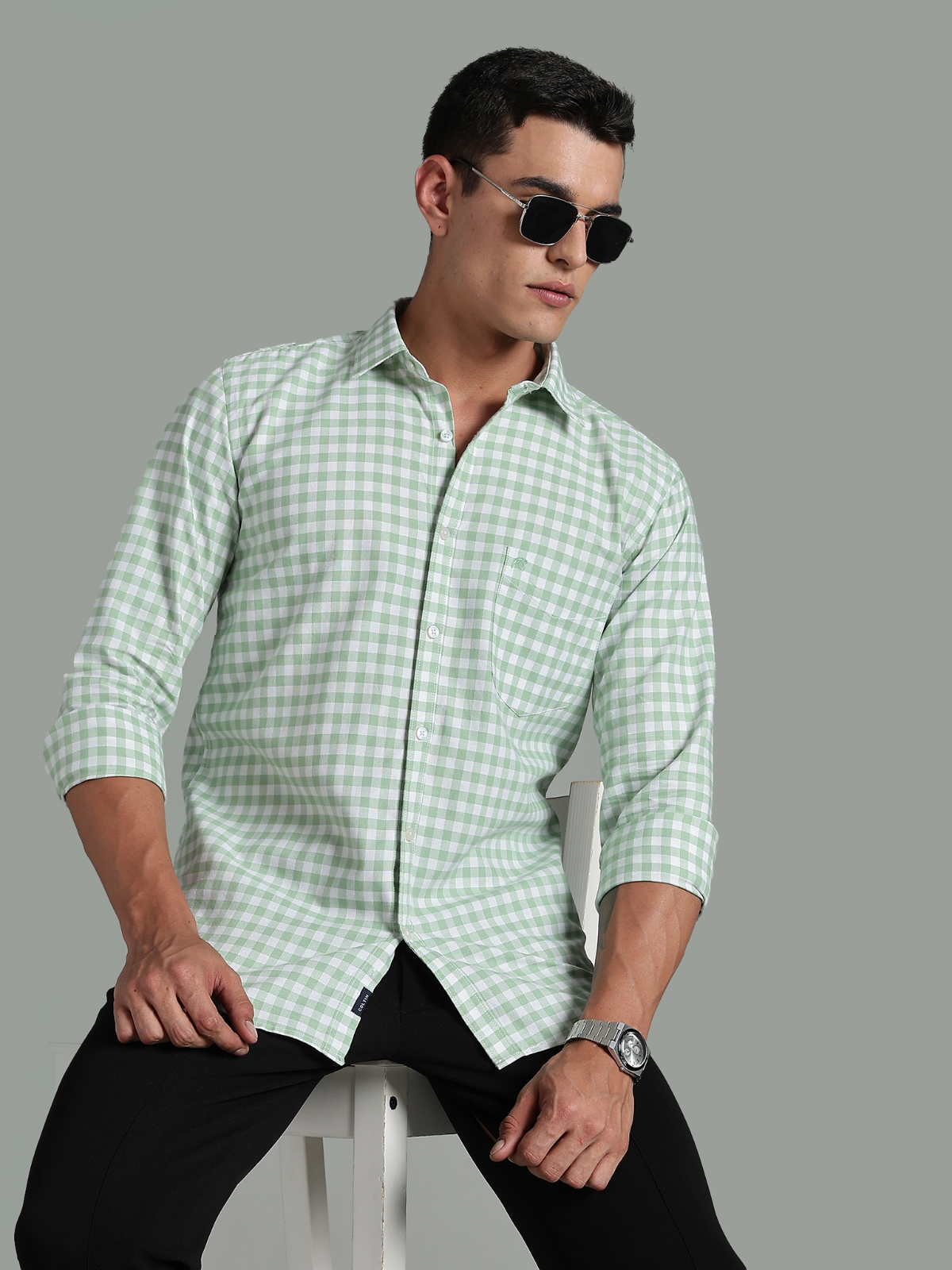 PIRATE Parrot Green Checks Oxford Cotton Shirt